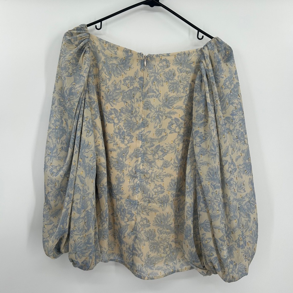 Express Womens Medium Blue Cream Floral Metallic Pleated Balloon Sleeve Blouse M - Picture 4 of 7
